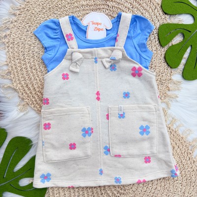 Conj. Blusa e Salopete Florzinhas em Linho- Azul e Areia